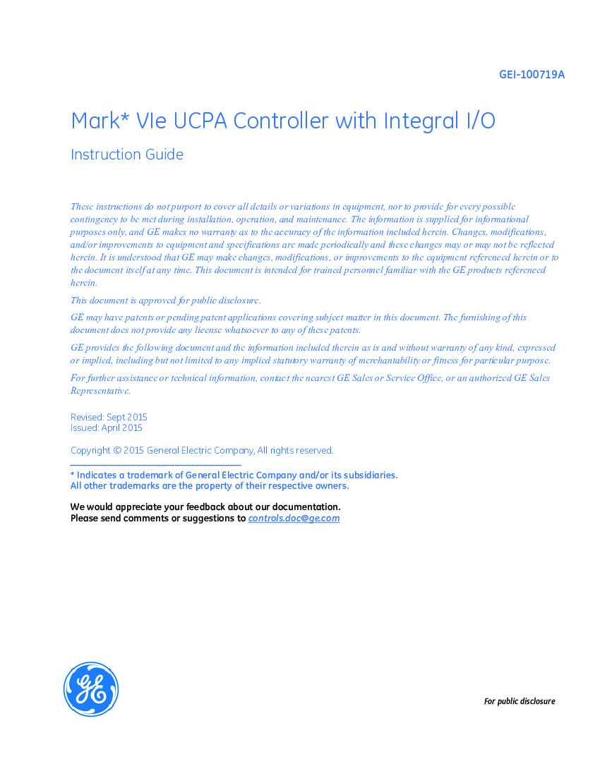 First Page Image of IS420UCPAH1A GEI-100719 Mark VIe Controller UCPA Instruction Guide.pdf